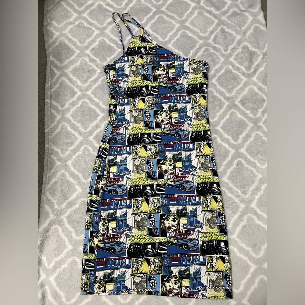 NWT Forever 21 Women's Sz M Dress Comic Book Print Car Racing Asymmetrical